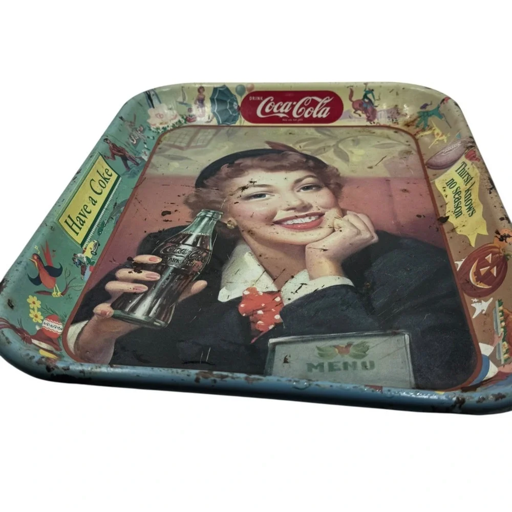 Set of 2 Vintage Coca Cola Metal Trays Have a Coke Waitress Rustic Patina Decor